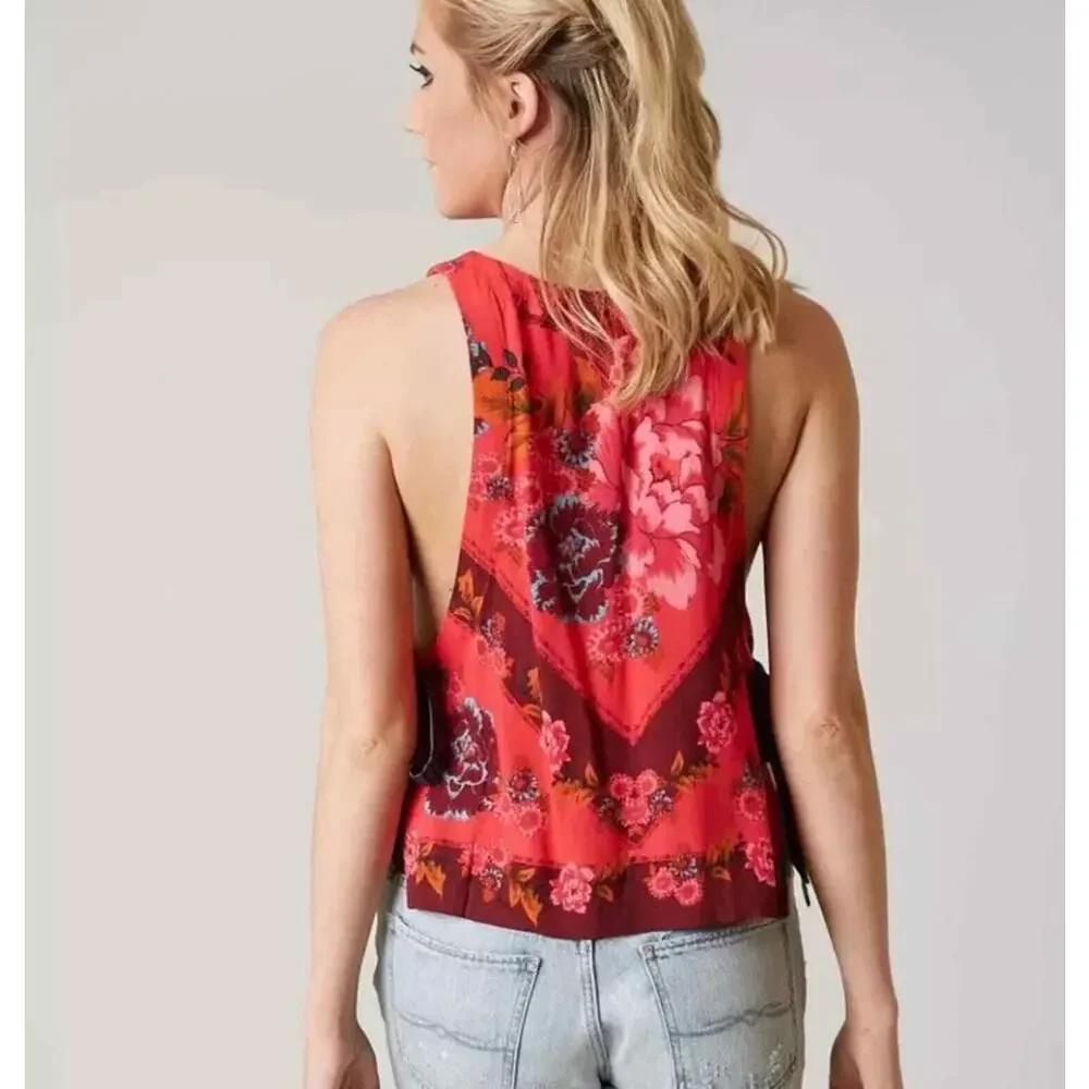 Free People This Sweet Love Top XS Floral Side Tie Scarf Tank Pink Red Boho
